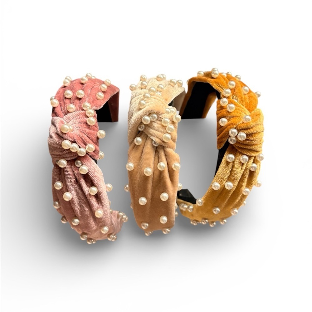 Elegant Velvet Pearl-Studded Knotted Headband Pack of 3 Pink, Cream, and Gold